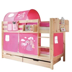 Wohnen Kindermöbel|Kinderbetten*Kiefer Natur Mädchen Stockbett mit Stoff-Set in Pink - Alasdair