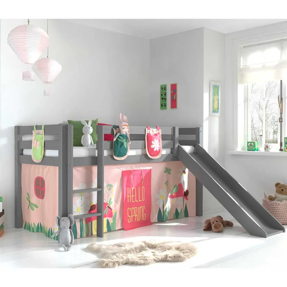 Wohnen Jugendbetten|Kindermöbel*Kinder Rutschbett in Grau mit Vorhang - Kalistra