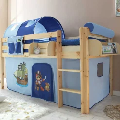 Kinder Wohnen Kinderhochbett Sismail mit Vorhang und Tunnel im Piraten Design