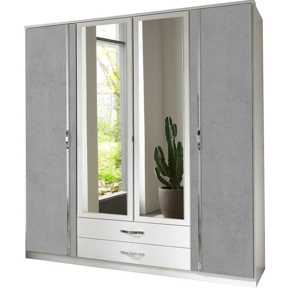 Wohnen Kleiderschrank in Weiß & Betonoptik mit Chrom - Hotti I