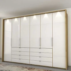 Wohnen Kombi Kleiderschrank in Weiß Glas & Eiche Bianco - Nuetran