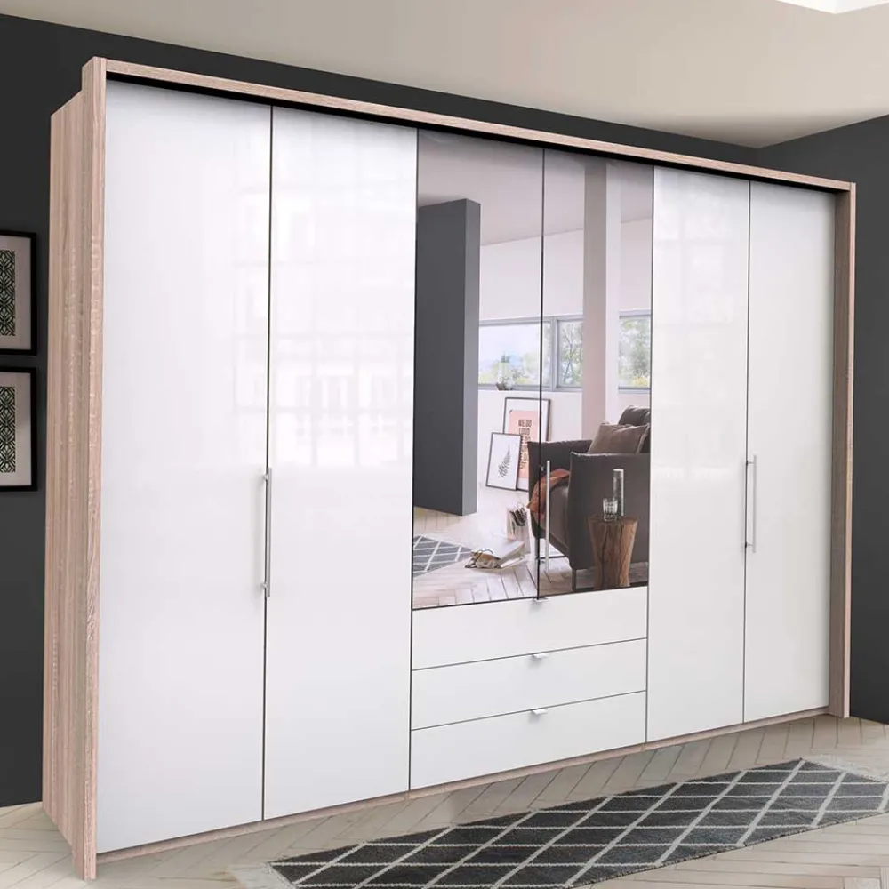 Wohnen Weiße Möbel|Glasmöbel*Kombi-Kleiderschrank mit Spiegel-Falttür - Bosays II