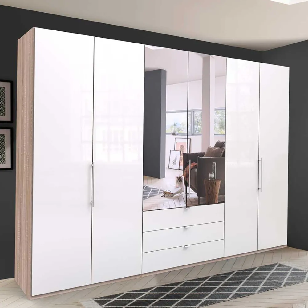 Wohnen Weiße Möbel|Glasmöbel*Kombi-Kleiderschrank mit Spiegel-Falttür - Bosays II