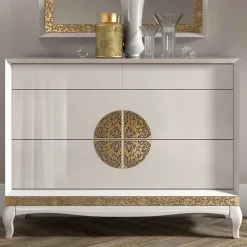 Wohnen Italienische Möbel|Schlafzimmer Komplett*Kommode & Spiegel in Weiß & Gold - Valganios (zweiteilig)