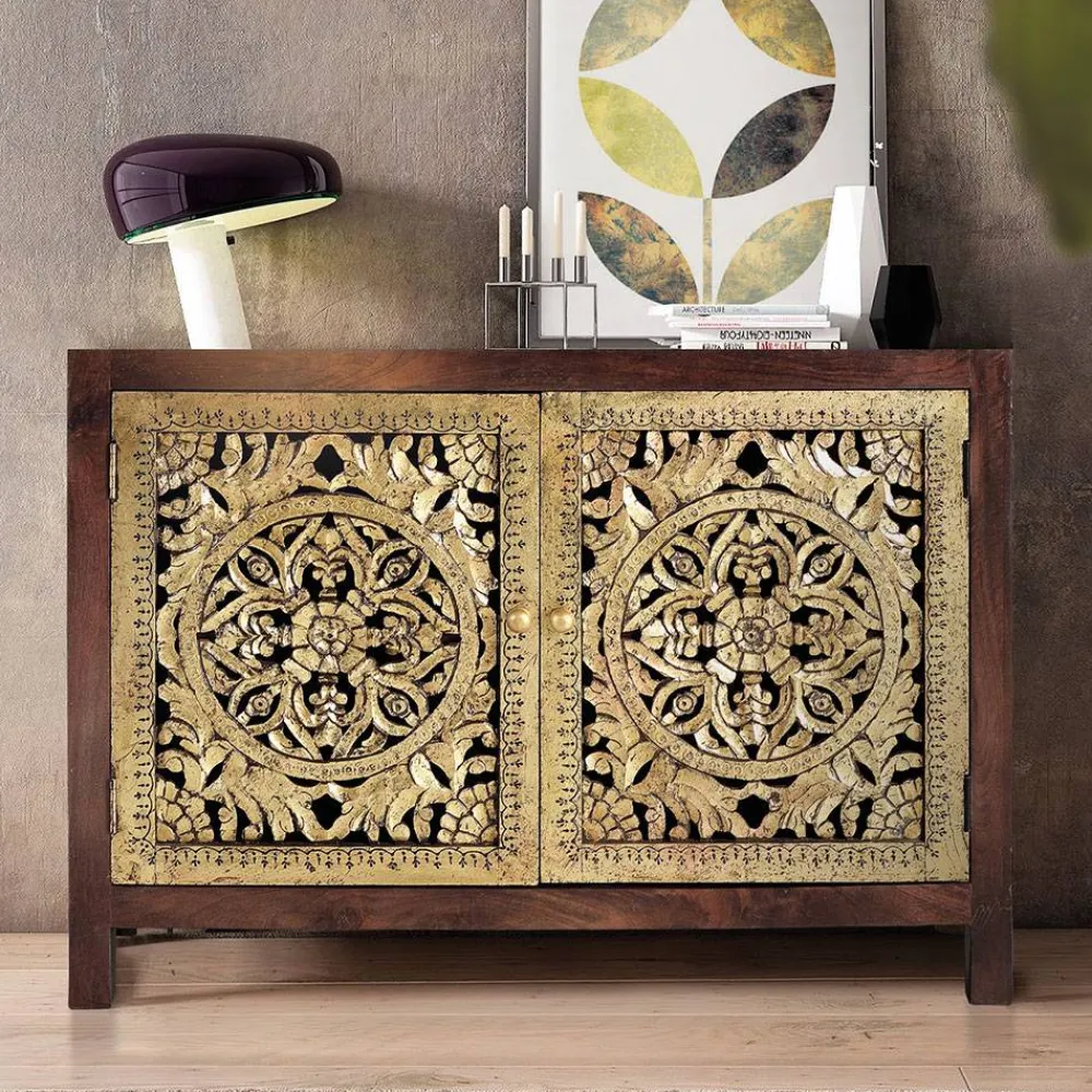 Wohnen Kommode in Gold und Walnuss Braun - Roswito