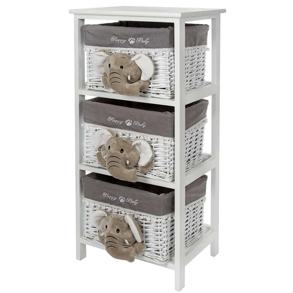 Kinder Wohnen Kommode mit 3 Körben mit Plüsch Elefanten in Grau - Lusiana