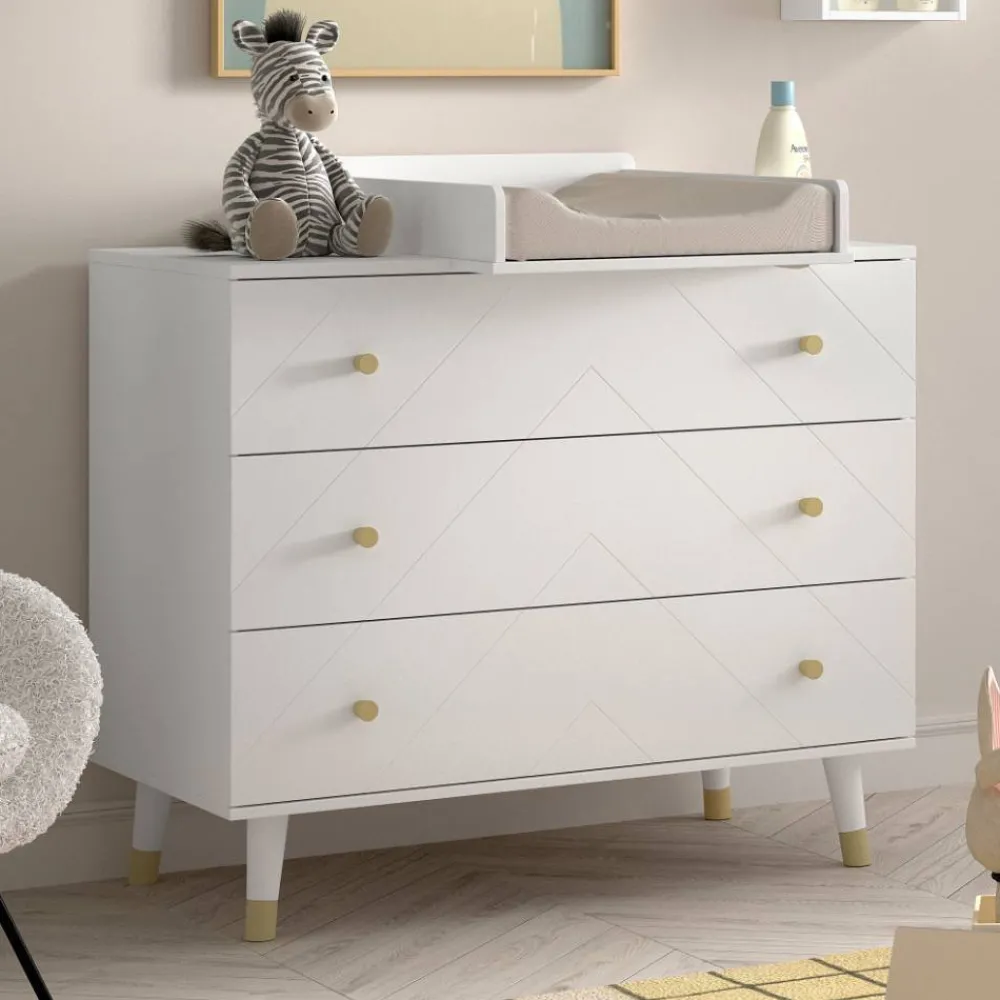 Kinder Wohnen Kommode mit Wickelaufsatz in Weiß mit Gold - Zimventa