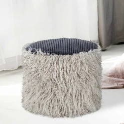 Wohnen Graue Möbel|Retro Möbel*Kunstfell Pouf in Hellgrau mit Cord Dunkelgrau - Valbera