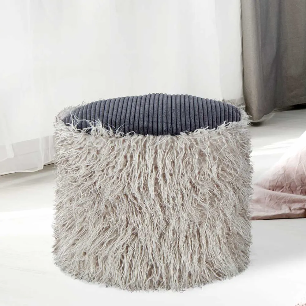 Wohnen Graue Möbel|Retro Möbel*Kunstfell Pouf in Hellgrau mit Cord Dunkelgrau - Valbera