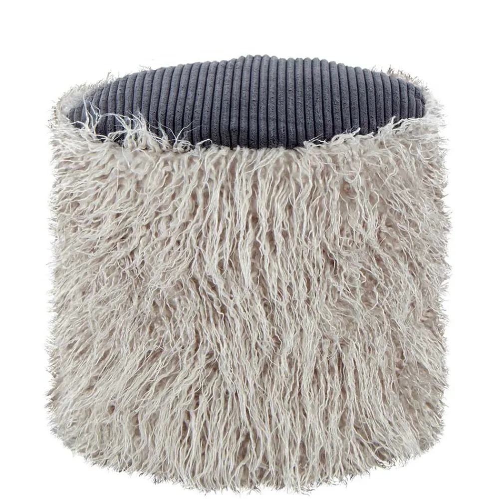 Wohnen Graue Möbel|Retro Möbel*Kunstfell Pouf in Hellgrau mit Cord Dunkelgrau - Valbera
