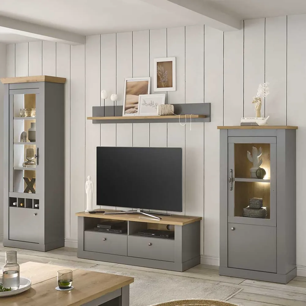 Wohnen Wohnzimmerschränke|Wohnwände*Landhaus Anbauwand in Lichtgrau & Eiche - Buleta (vierteilig)