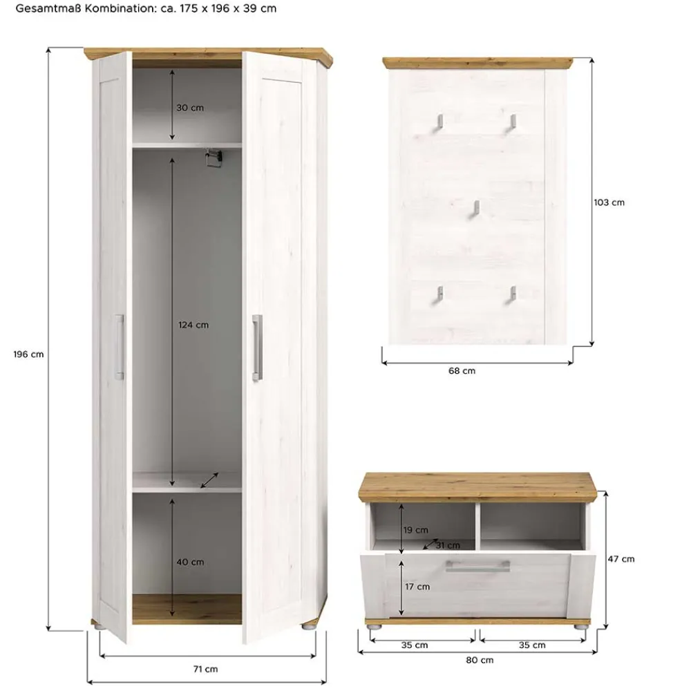 Wohnen Landhaus Flureinrichtung Set - Tocella (dreiteilig)