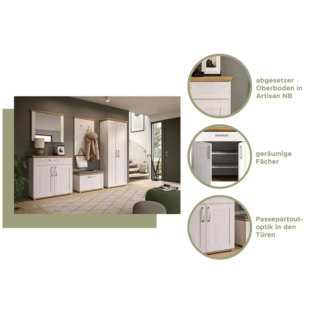 Wohnen Weiße Möbel|Garderobenschränke*Landhaus Flurschrank in Holzoptik Lärche Weiß - Tocella