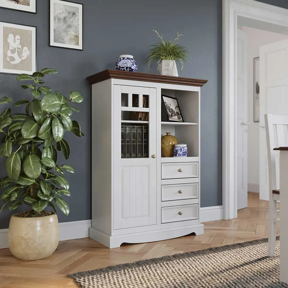 Wohnen Esszimmerschränke|Highboards*Landhaus Highboard in Weiß und Nussbaum Braun - Manipur