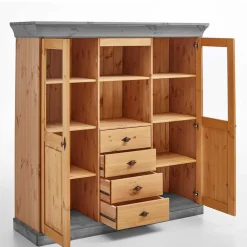 Wohnen Landhaus Highboard mit Glas aus Kiefer - Eshelas