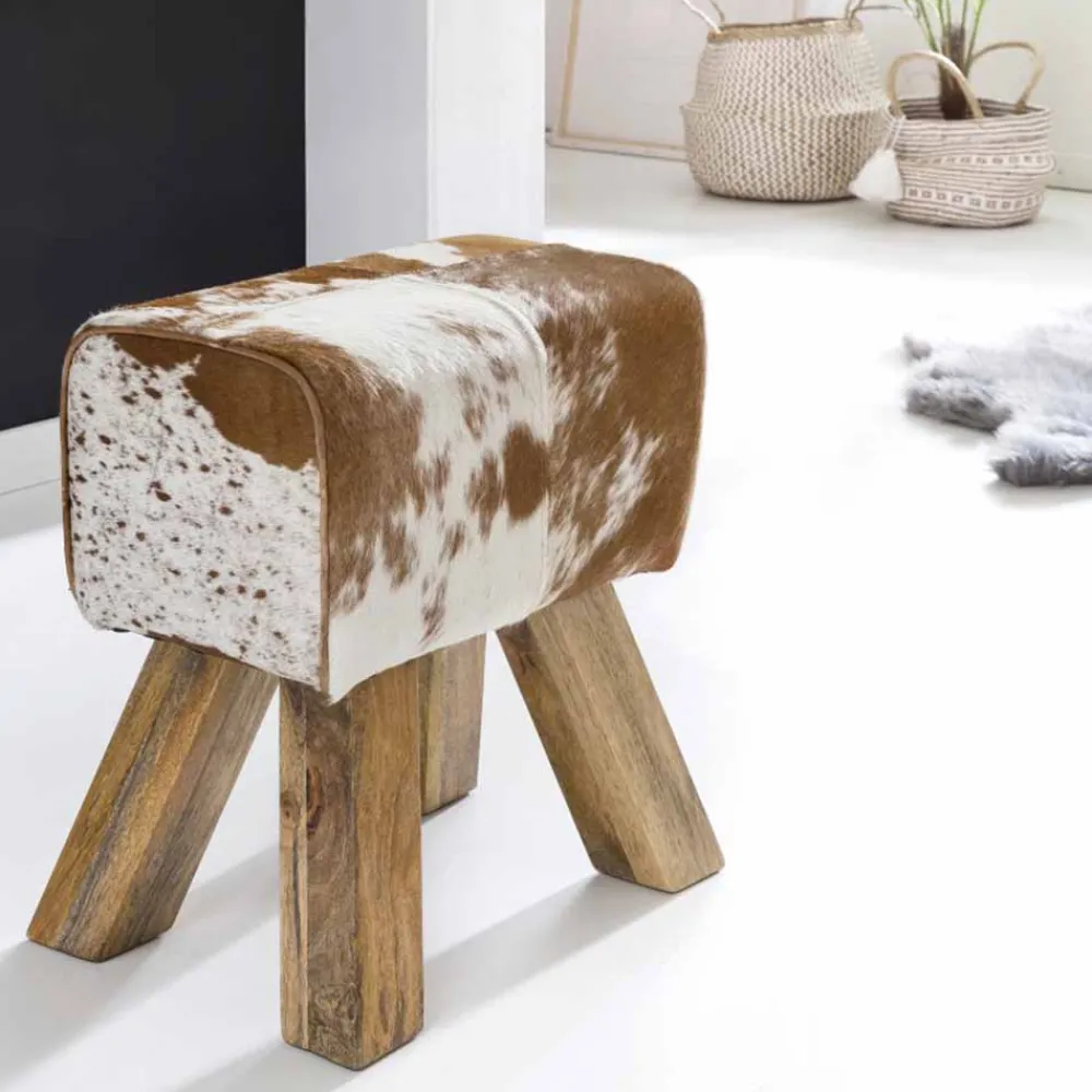 Wohnen Barhocker|Hocker*Landhaus Sitzhocker Darinca mit Ziegenfell und Holz