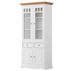 Wohnen Massivholzmöbel|Esszimmer-Vitrinen*Landhaus Vitrine in Weiß und Eiche - Bordona