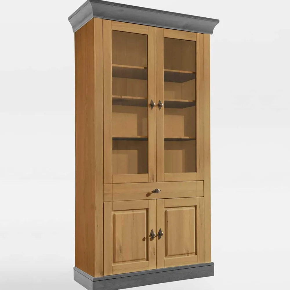 Wohnen Esszimmer-Vitrinen*Landhaus Vitrinenschrank in Kiefer Lauge & Grau - Eshelas