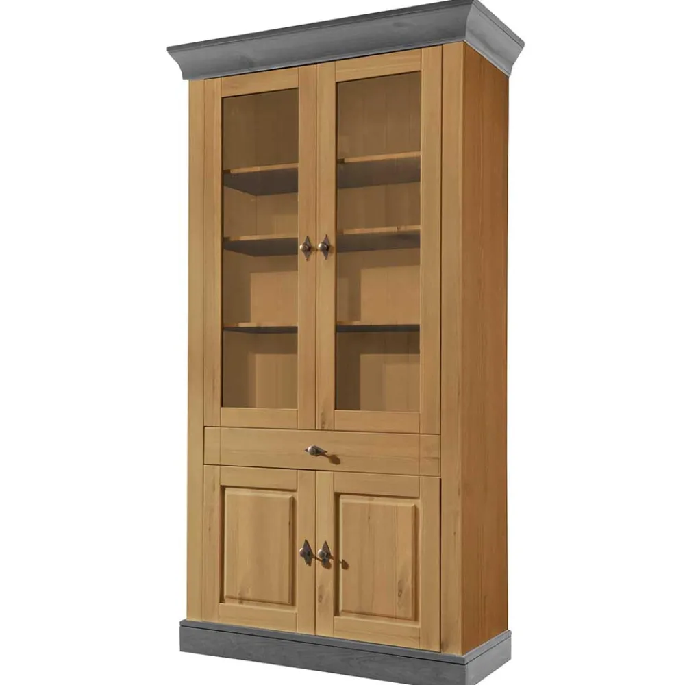 Wohnen Esszimmer-Vitrinen*Landhaus Vitrinenschrank in Kiefer Lauge & Grau - Eshelas