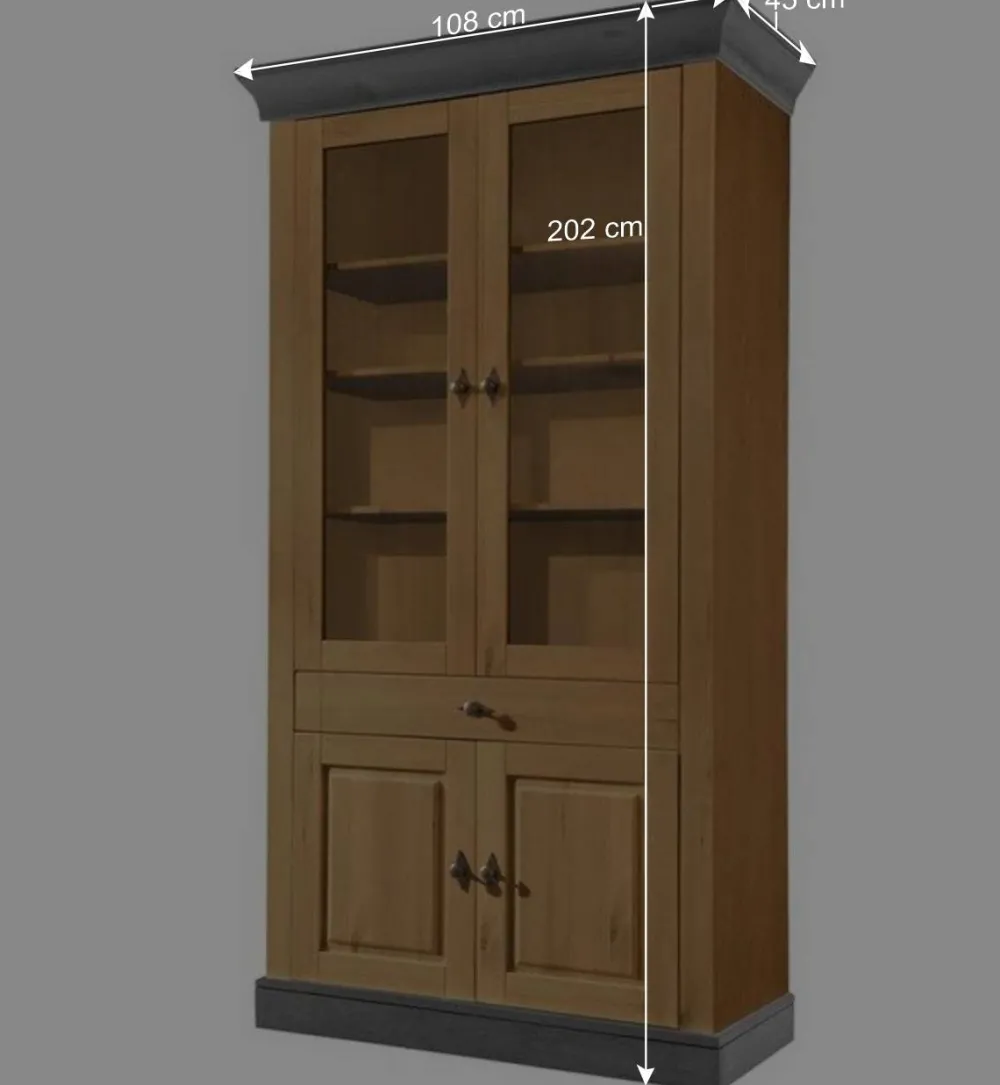 Wohnen Esszimmer-Vitrinen*Landhaus Vitrinenschrank in Kiefer Lauge & Grau - Eshelas