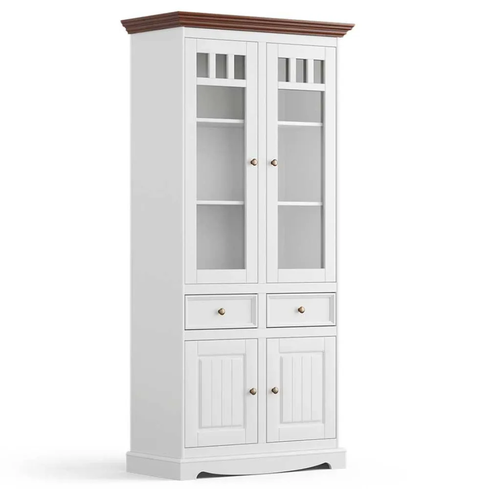 Wohnen Esszimmer-Vitrinen|Vitrinen*Landhaus Vitrinenschrank in Weiß mit Nussbaum - Manipur