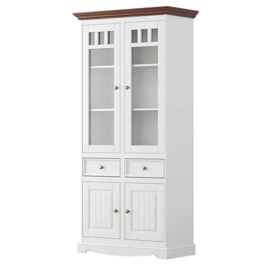 Wohnen Esszimmer-Vitrinen|Vitrinen*Landhaus Vitrinenschrank in Weiß mit Nussbaum - Manipur