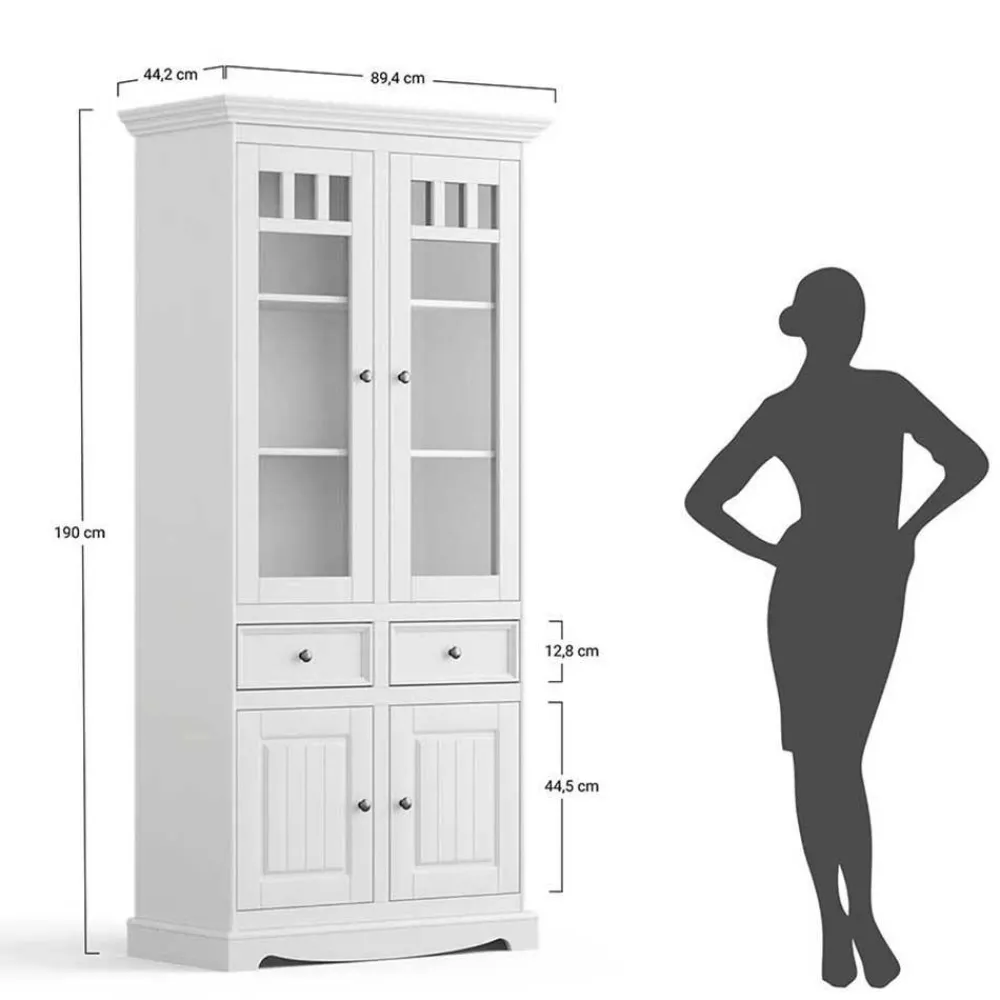 Wohnen Esszimmer-Vitrinen|Vitrinen*Landhaus Vitrinenschrank in Weiß mit Nussbaum - Manipur