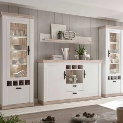 Wohnen Landhaus Wohnmöbel Set mit Sideboard Nedita in Weiß mit Pinie Shabby (vierteilig)