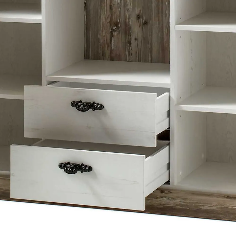Wohnen Landhaus Wohnmöbel Set mit Sideboard Nedita in Weiß mit Pinie Shabby (vierteilig)