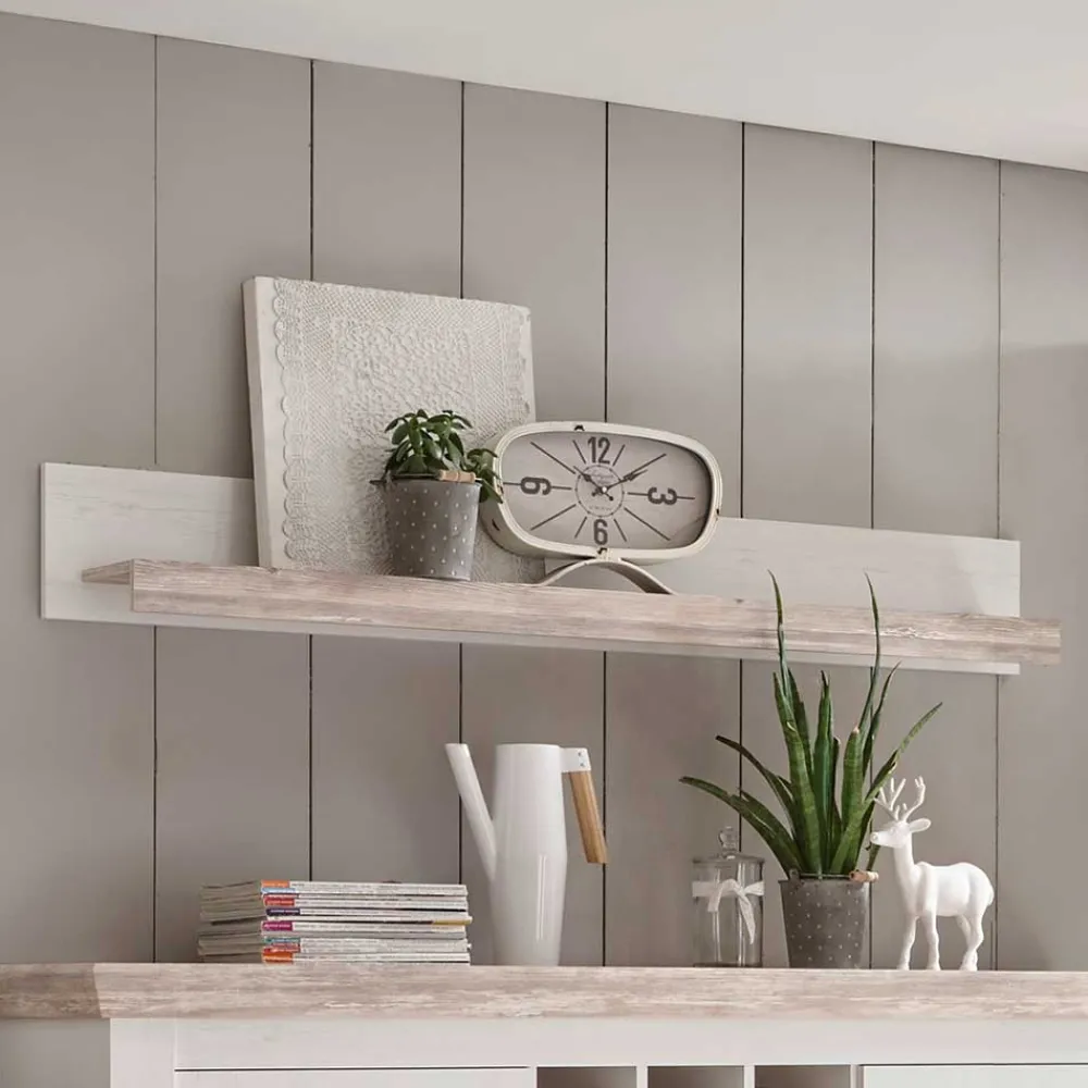 Wohnen Landhaus Wohnmöbel Set mit Sideboard Nedita in Weiß mit Pinie Shabby (vierteilig)