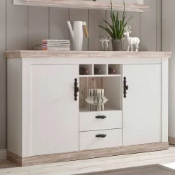Wohnen Landhaus Wohnmöbel Set mit Sideboard Nedita in Weiß mit Pinie Shabby (vierteilig)