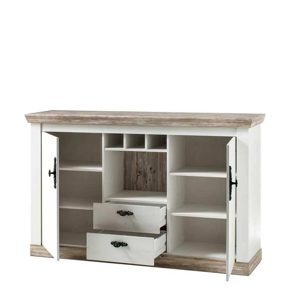 Wohnen Landhaus Wohnmöbel Set mit Sideboard Nedita in Weiß mit Pinie Shabby (vierteilig)