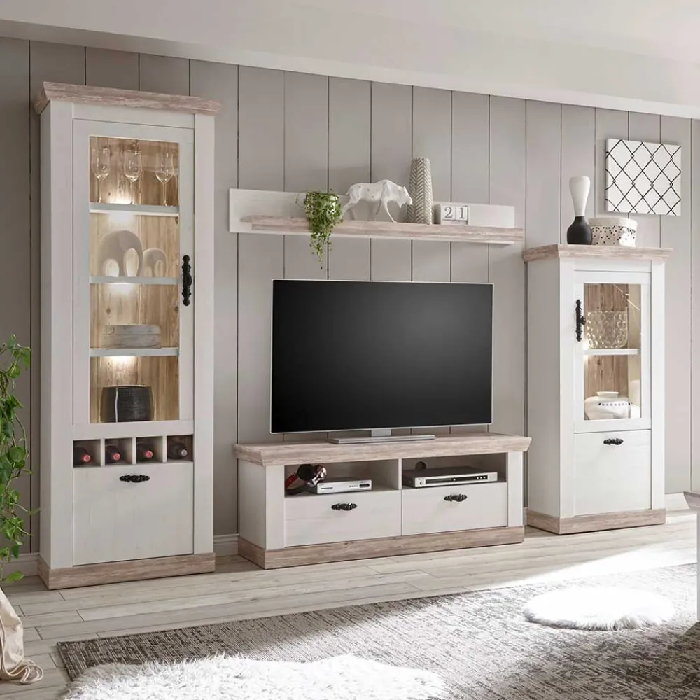 Wohnen Wohnwände|Wohnwand*Landhaus Wohnzimmer Möbel Set Nedita in Weiß & Pinie (vierteilig)