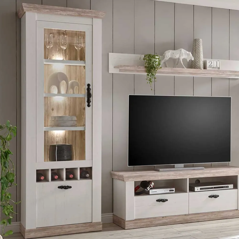 Wohnen Wohnwände|Wohnwand*Landhaus Wohnzimmer Möbel Set Nedita in Weiß & Pinie (vierteilig)