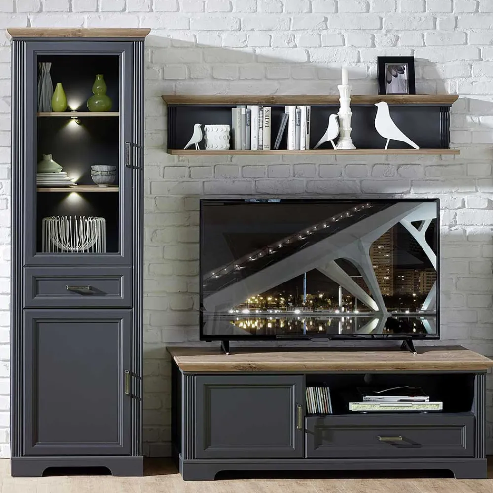 Wohnen Wohnwände|Wohnwand*Landhaus Wohnzimmermöbel in Grau - Thumbs (dreiteilig)