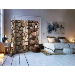 Wohnen Leinwand Paravent Bunte Kieselmauer - Aurelius