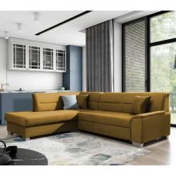 Wohnen L-Form Bettcouch in Senfgelb Samt - Concista