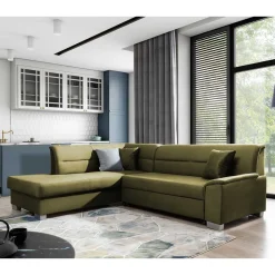 Wohnen Schlafsofas*L-Form Funktionssofa in Oliv Grün Samtstoff - Donnys