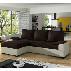 Wohnen Schlafsofas*L-Form Schlafsofa in Dunkelbraun und Cremeweiß - Minia