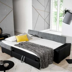 Wohnen Schlafsofas*L-Form Schlafsofa in Dunkelbraun und Cremeweiß - Minia