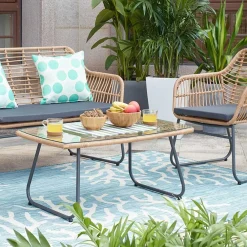 Wohnen Lounge Sitzgruppe aus Geflecht in Beige - Renzo (vierteilig)