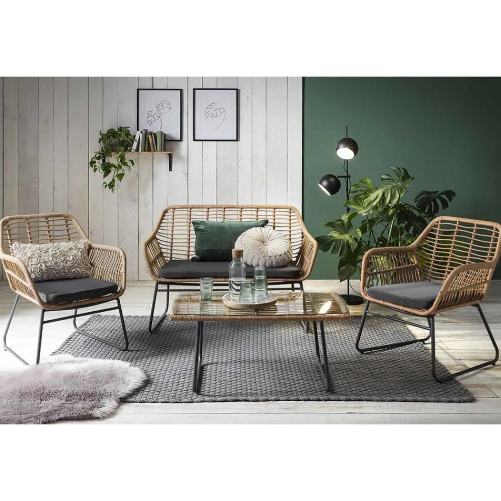 Wohnen Lounge Sitzgruppe aus Geflecht in Beige - Renzo (vierteilig)