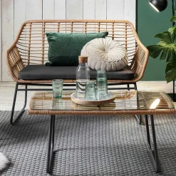 Wohnen Lounge Sitzgruppe aus Geflecht in Beige - Renzo (vierteilig)