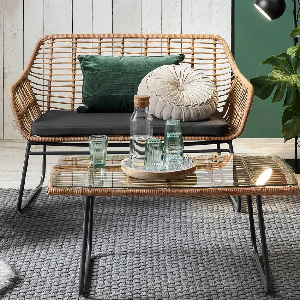 Wohnen Lounge Sitzgruppe aus Geflecht in Beige - Renzo (vierteilig)