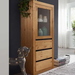 Wohnen Vitrinen|Wohnzimmer-Vitrinen*Massiver Kiefernholz Schrank mit Glastür - Filedria