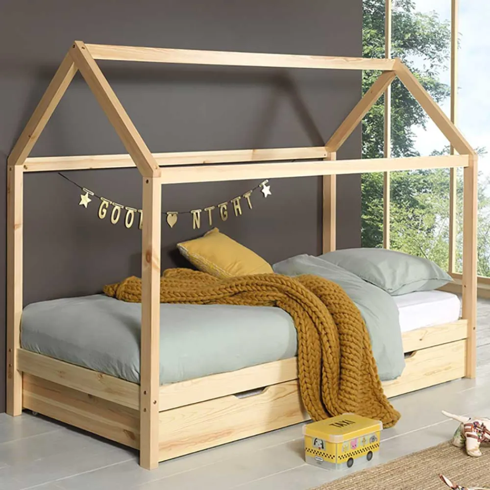 Kinder Wohnen Massives Haus Kinderbett in Kiefer Natur - Luvrena