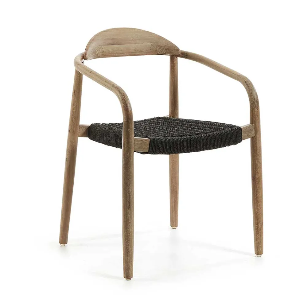 Wohnen Naturholzmöbel|Rattanmöbel*Massivholz Armlehnstuhl mit Geflecht Sitz Anela aus Kordel Grau (4er Set)