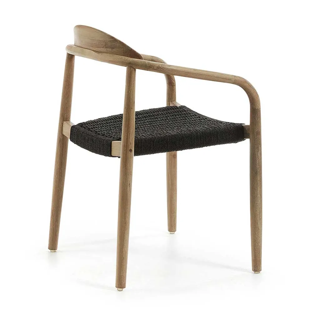 Wohnen Naturholzmöbel|Rattanmöbel*Massivholz Armlehnstuhl mit Geflecht Sitz Anela aus Kordel Grau (4er Set)