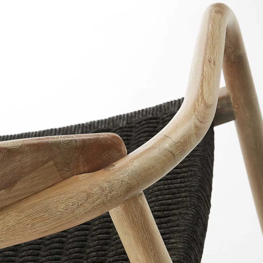 Wohnen Naturholzmöbel|Rattanmöbel*Massivholz Armlehnstuhl mit Geflecht Sitz Anela aus Kordel Grau (4er Set)