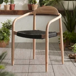 Wohnen Naturholzmöbel|Rattanmöbel*Massivholz Armlehnstuhl mit Geflecht Sitz Anela aus Kordel Grau (4er Set)